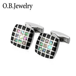 2022 Trendy High Quality Black And Colorful Shell Square Lattice Cufflinks Semi-Precious Stone For Mens Shirt