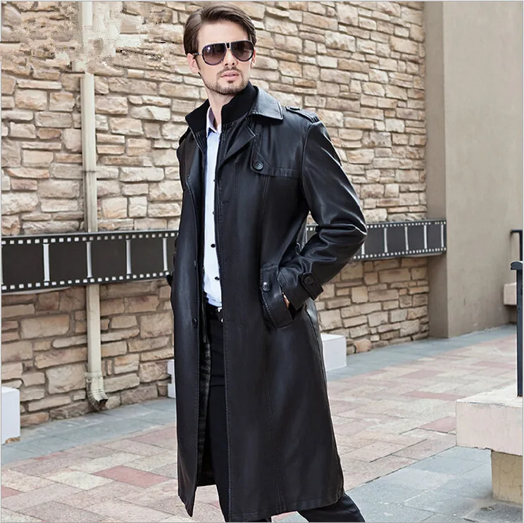 2015 New Brand Men Leather Trench Coat X Long Business