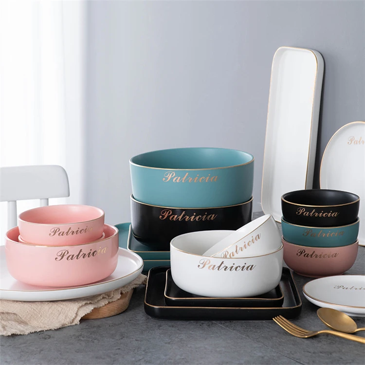 Wholesale tableware custom logo gold rim black ceramic dinnerware set for restaurant