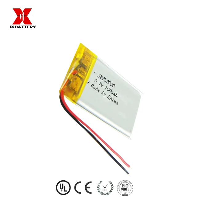 Small MOQ ultra thin rechargeable li-ion battery 252030 2.5mm lipo battery 3.7v 100mah for ID card