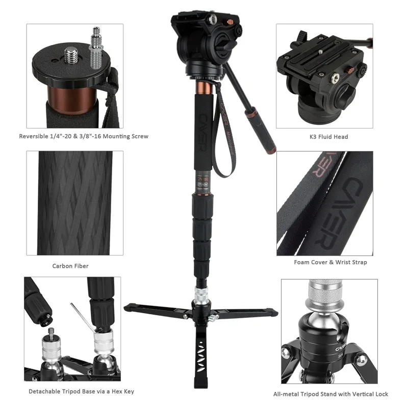 Cayer CT35DVK3 хорошее качество фотографическое оборудование углеродное волокно монопод видеокамера монопод Комплект с 5 секциями