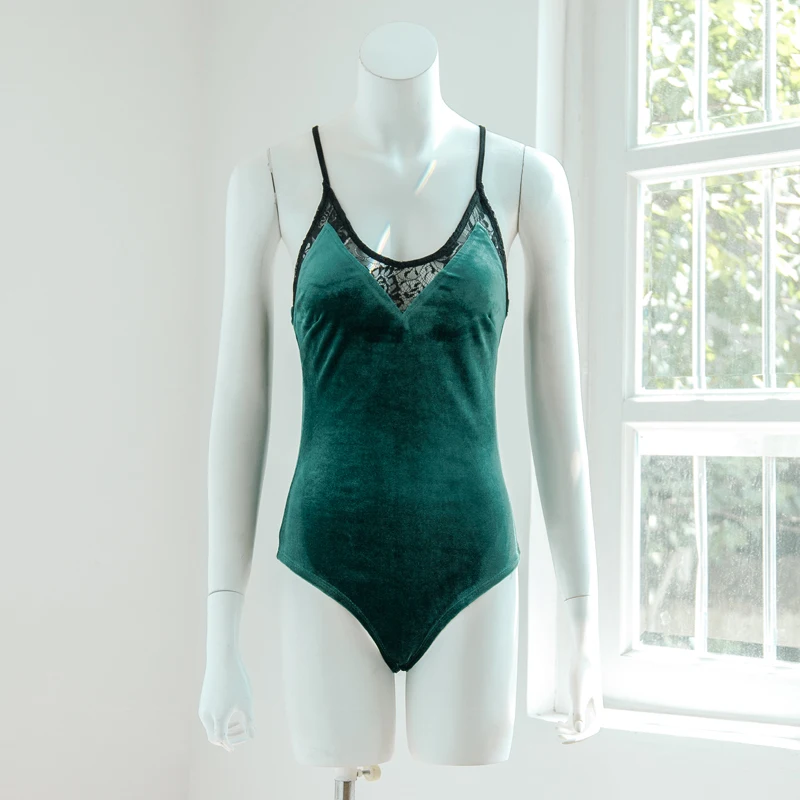 
Sexy lace velvet backless scallop body suit 