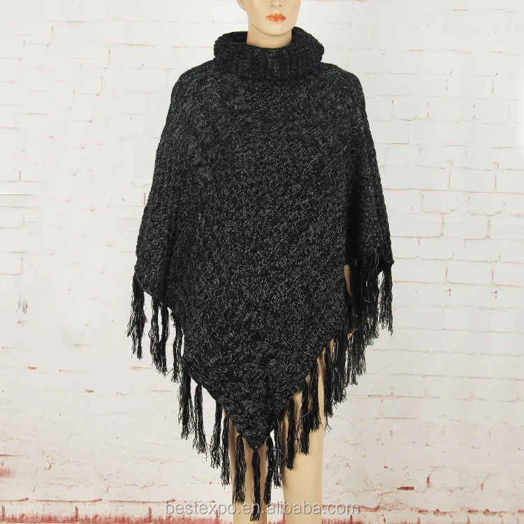 
wholesale winter knitted poncho with fringe choker cashmere pullover sweater women wool cloak 