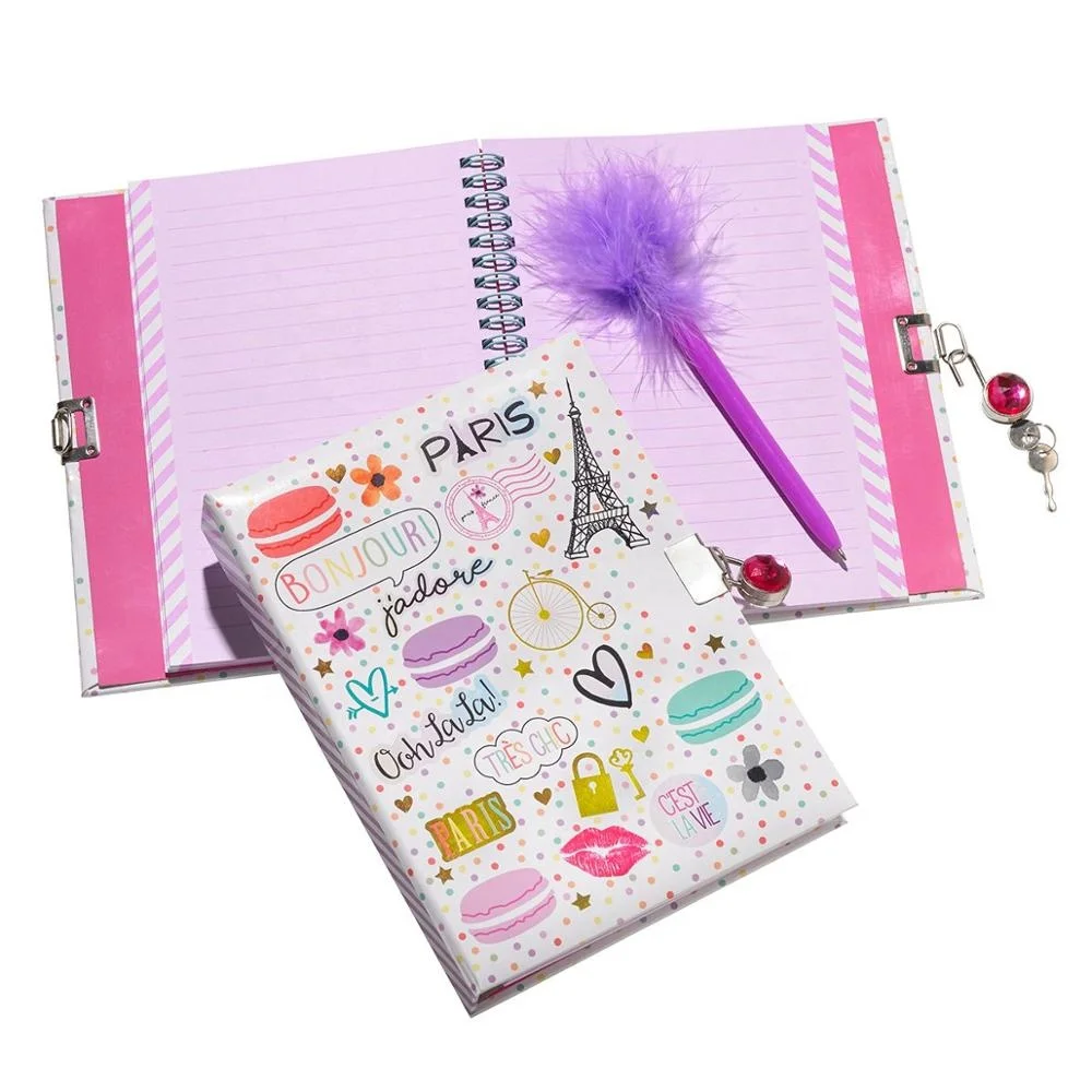 Gem Decoration Feather Children Printed School Diary Spiral Hardcover Notebook With Lock