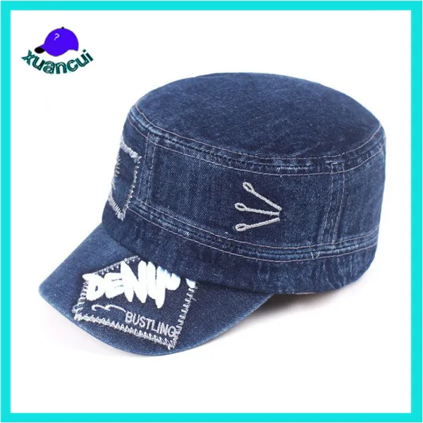 Китай поставщика женщины мужчины плоским цилиндрах изношенные омывается джинсовой жан военной hat для унисекс