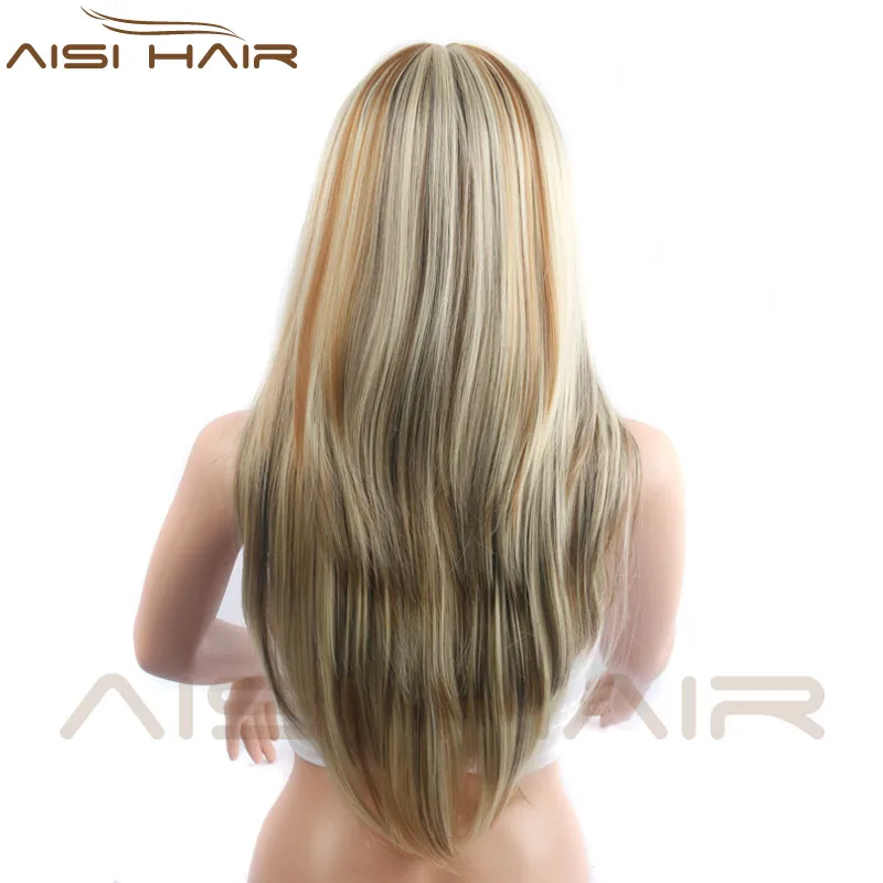 Aisi Hair Wholesale Price Long Silky Straight Wigs Heat Resistant Synthetic Mixed Blonde Wigs With Neat Bang For Women