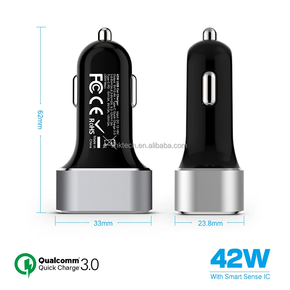 
USB-C PD Car Charger with 30W Power Delivery & 12W USB Dual Port 42W Output for New Macbook iPhone X/8/7 iPad Pro Air Mini 