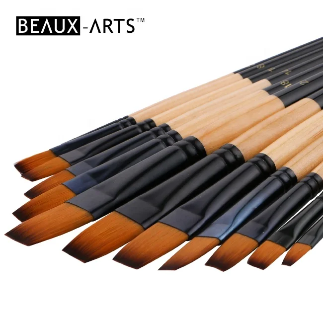 Flat Bicolor Synthetic Artist Brush Acrylic Painting Brushes with Black Aluminum Ferrule and Wooden Handle