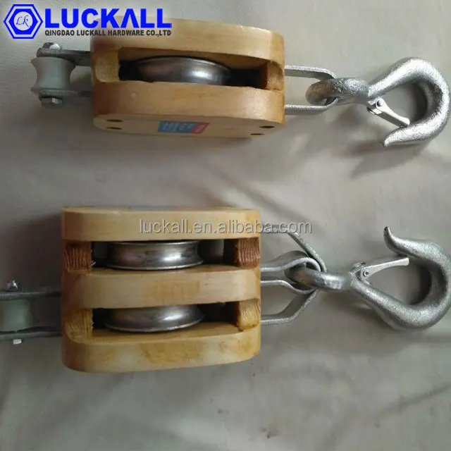 Wood Pulley Blocks With Eye Swivel With Three Sheave