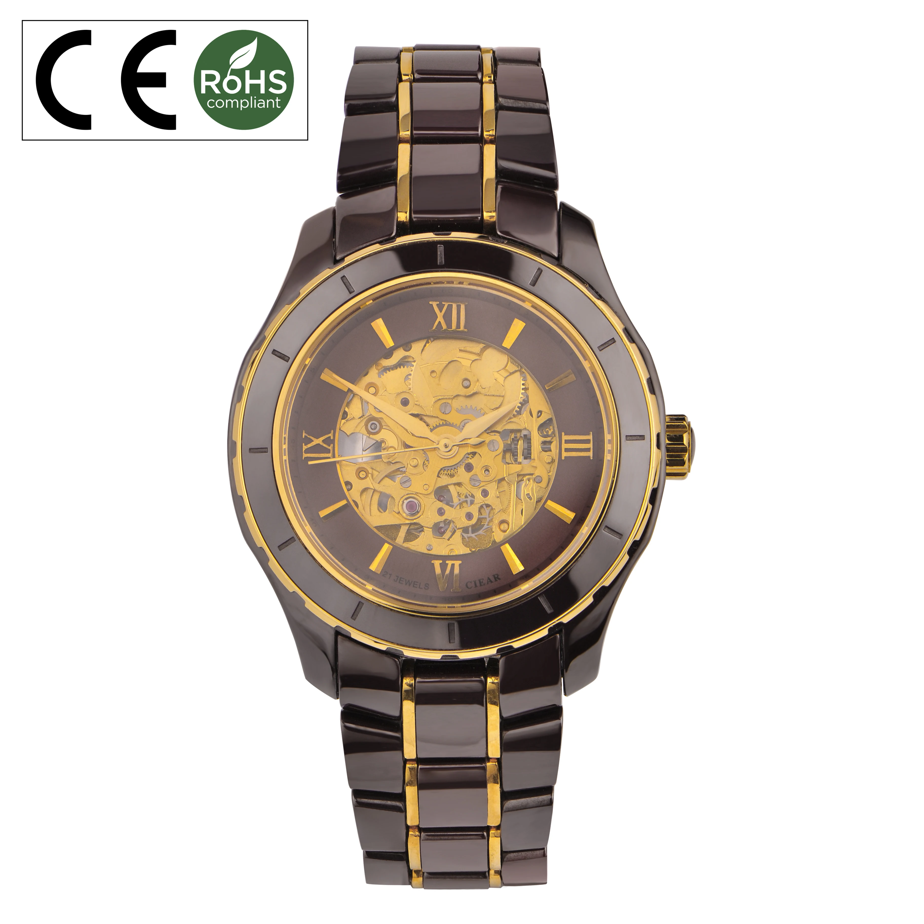 OEM Factory Skeleton Watch Mechanical Automatic Coffee Ceramic Watch Men
