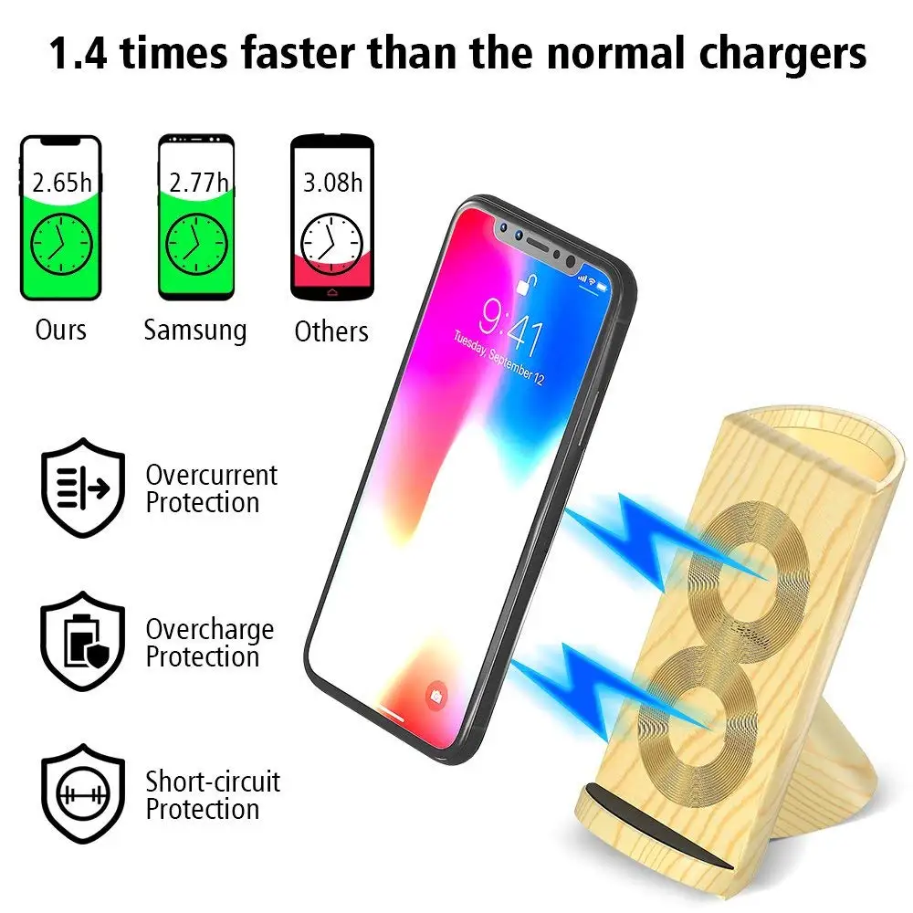 
Double coils qi wireless charger fast stand pen container 2 in 1 wireless charging douck Wooden wireless charging stand 
