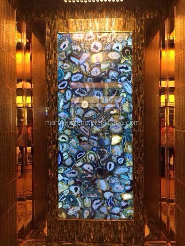 Luxury interior design blue agate crystal slab natural backlit blue agate wall for villa