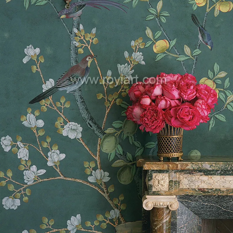 hand painted silk wallpaper by ROYI ART embroidered wallpaper chinoiserie silk wallpaper