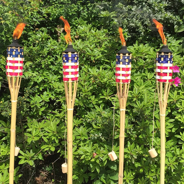 Outdoor Bamboo Torch Set Of 4 Tiki Torch With Weaving Black Color Canister National Flag Garden Torch