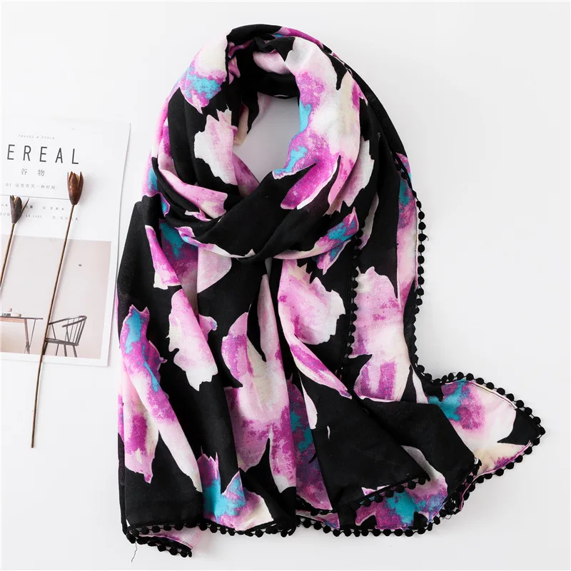 Nice pretty floral flower printed pompom scarf