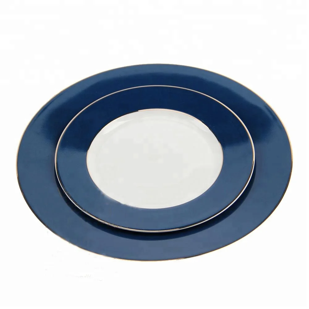 Hotel ceramic blue design 8inch dinner flat plates custom logo porcelain serving plates