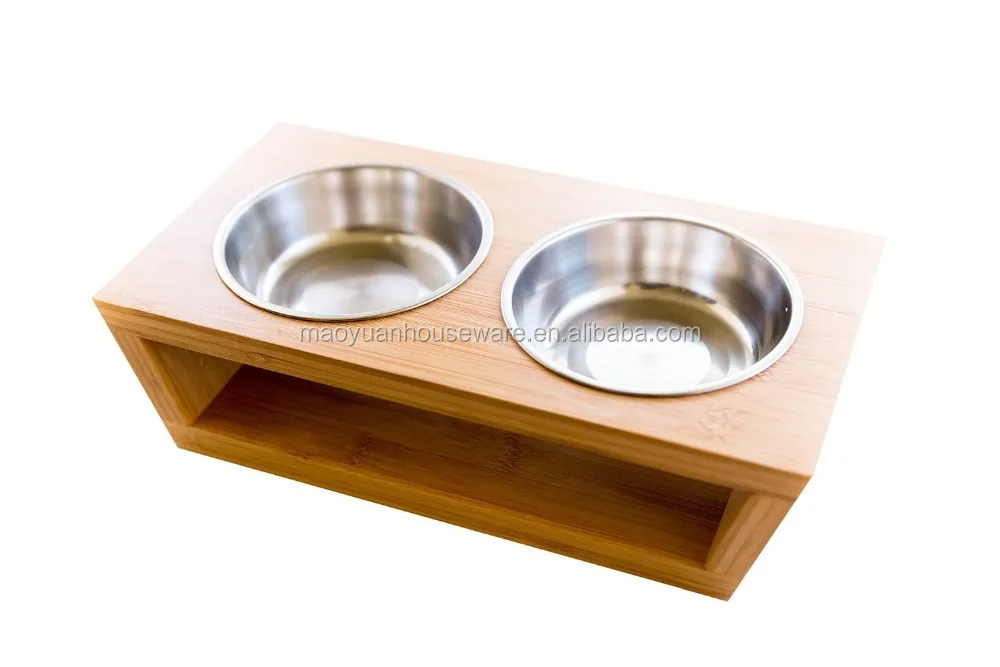 Surdy Bamboo Elevated Pet Dog Feeder with Metal Bowl