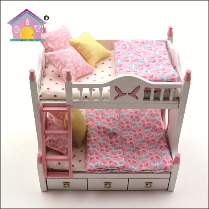 New diy miniature wooden pink doll bed furniture for children,dollhouse miniature bed wholesale