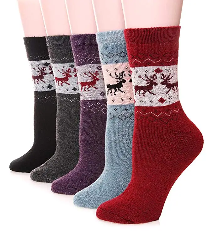 Winter Warm Thick Knit Rabbit Wool Jacquard Cozy Crew Vintage Style Socks Xmas Reindeer Moose Socks for Women