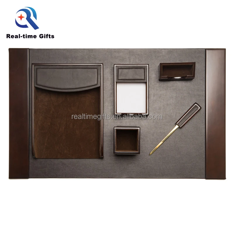 Handmade Brown Business Office Organizer 6 Pieces Wood And PU Leather Traditional Desk Accessories
