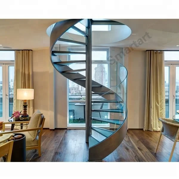 Smartart China Manufacturer stainless steel beam spiral staircases with glass steps