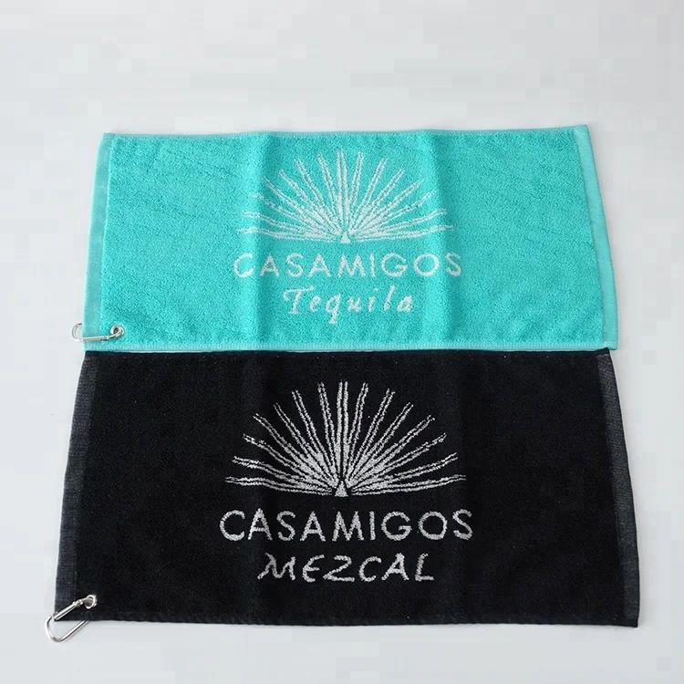 100% cotton Yarn dyed jacquard logo woven sport face towel custom black golf gym hand towels with grommet hooks