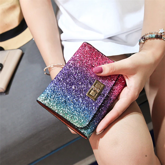 Wholesale korean fashion small short design girls women bling sequins glitter wallets for lady