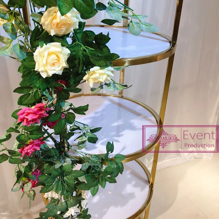 Stainless steel frame 5 layers round clear glass top bar back cabinet with LED Light Display Decorative wine shelf