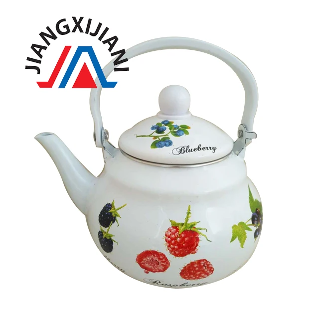 
Hot Selling New Design 1.5L 2.0L Pear Shaped Enamel Kettle Teapot with Furit Decal In Market 