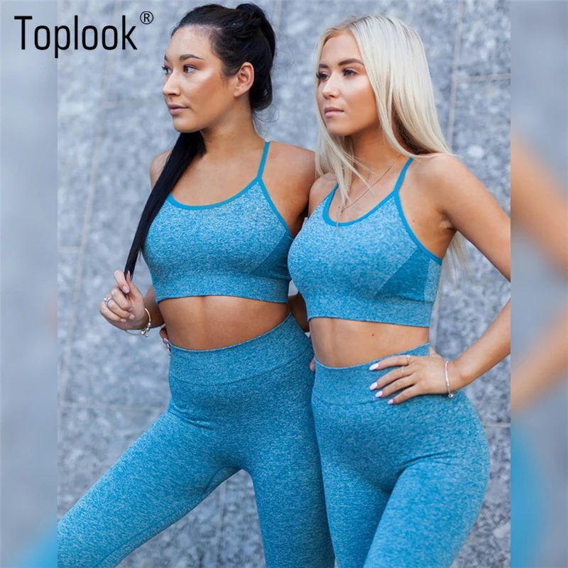 
Toplook Fitness Yoga Set New Pink Blue Solid Crop Top+Long Pants Athleisure Women Fitness Suit Gym Sports Bra+Legging S97 