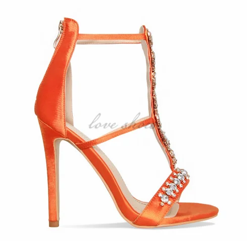 2017 high heel shoe ladies fancy high heel sandals orange ankle buckle strap Satin Gem Stiletto Heels