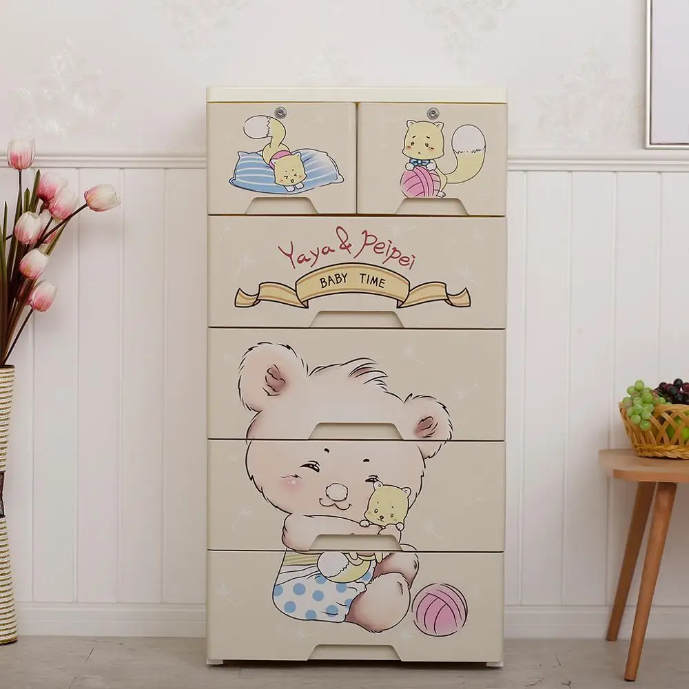 Cartoon Baby Wardrobe Clothes Closet Drawer Cabinet Plastic Kids Cupboard Children Plastic Drawer Storage with Lock