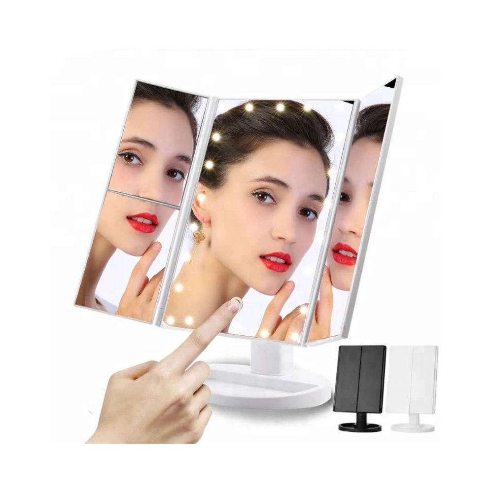 LED Light Touch Screen Light Control 3 Folding Magnifying Mirrors Desktop Rechargeable Make up Mirror Lamp For Makeup