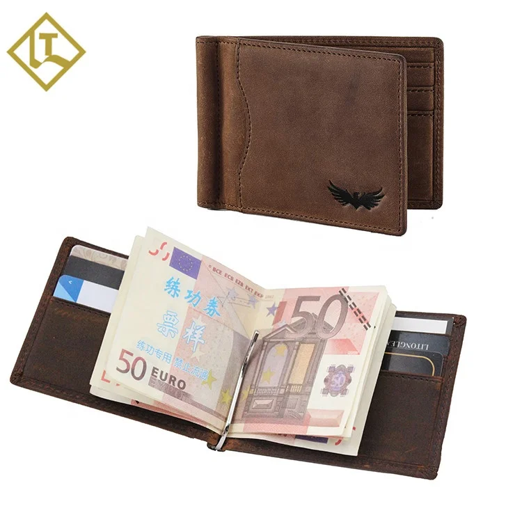 Wholesale Crazy horse leather money clip wallet men rfid slim leather wallet for men best brand leather wallet