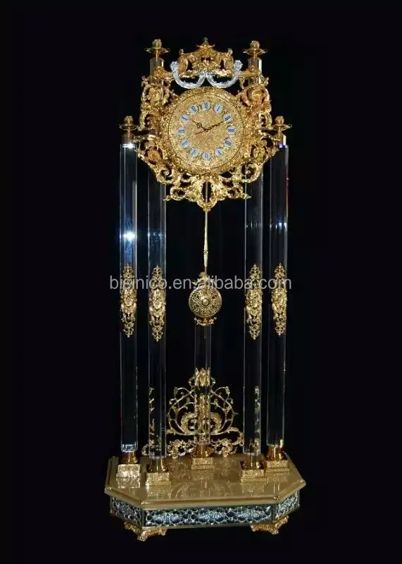 Large Size Gold Gilded Floor Clock, 24K Gold Plated Brass Mounted Crystal Clock with Marble Base