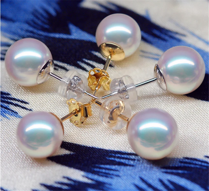 6.5-8.5mm AAAA Grade Natural White Real Genuine Natural Sea Water Japanese Akoya Round 18K Yellow Gold Pearl Stud Earrings