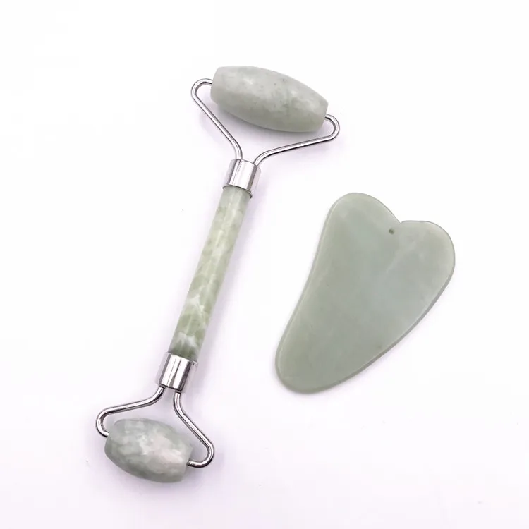 Jade Roller and Gua Sha Scraping Massage Tool Anti-aging 100% Natural Facial Jade Stone Set - Face Eye Neck Beauty Roller