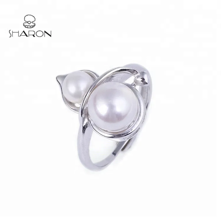 Hot Sale Jewelry Gourd Shaped Sterling Silver Adjustable Natural Freshwater 2 White Pearl Ring