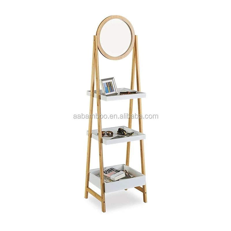 Wooden Bathroom 3 Tiers Ladder Shelf Standing Bamboo Storage Shelf with Mirror