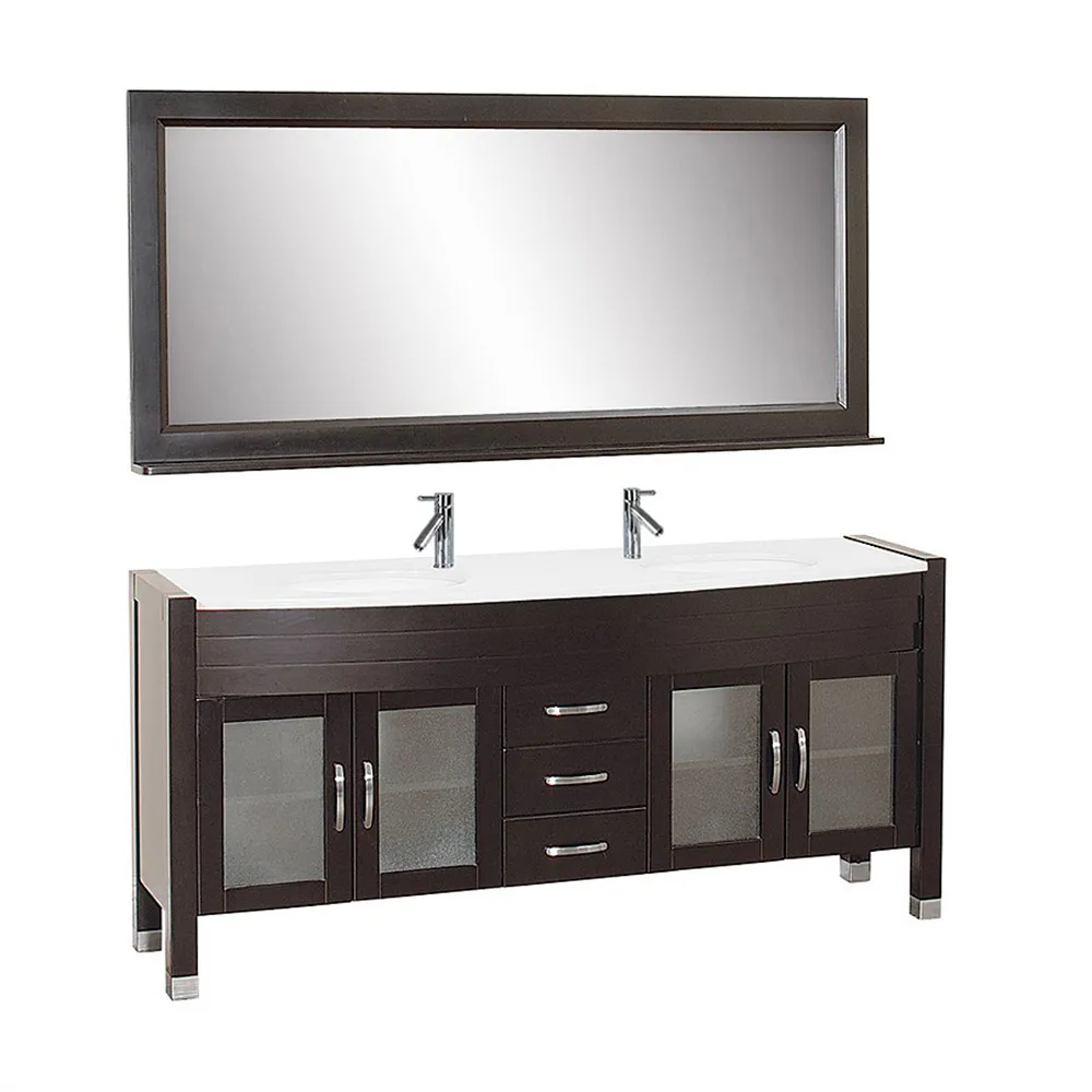 Double sinks bathroom furniture espresso finishing ash grey floor touched classical white solid wood bath vanity