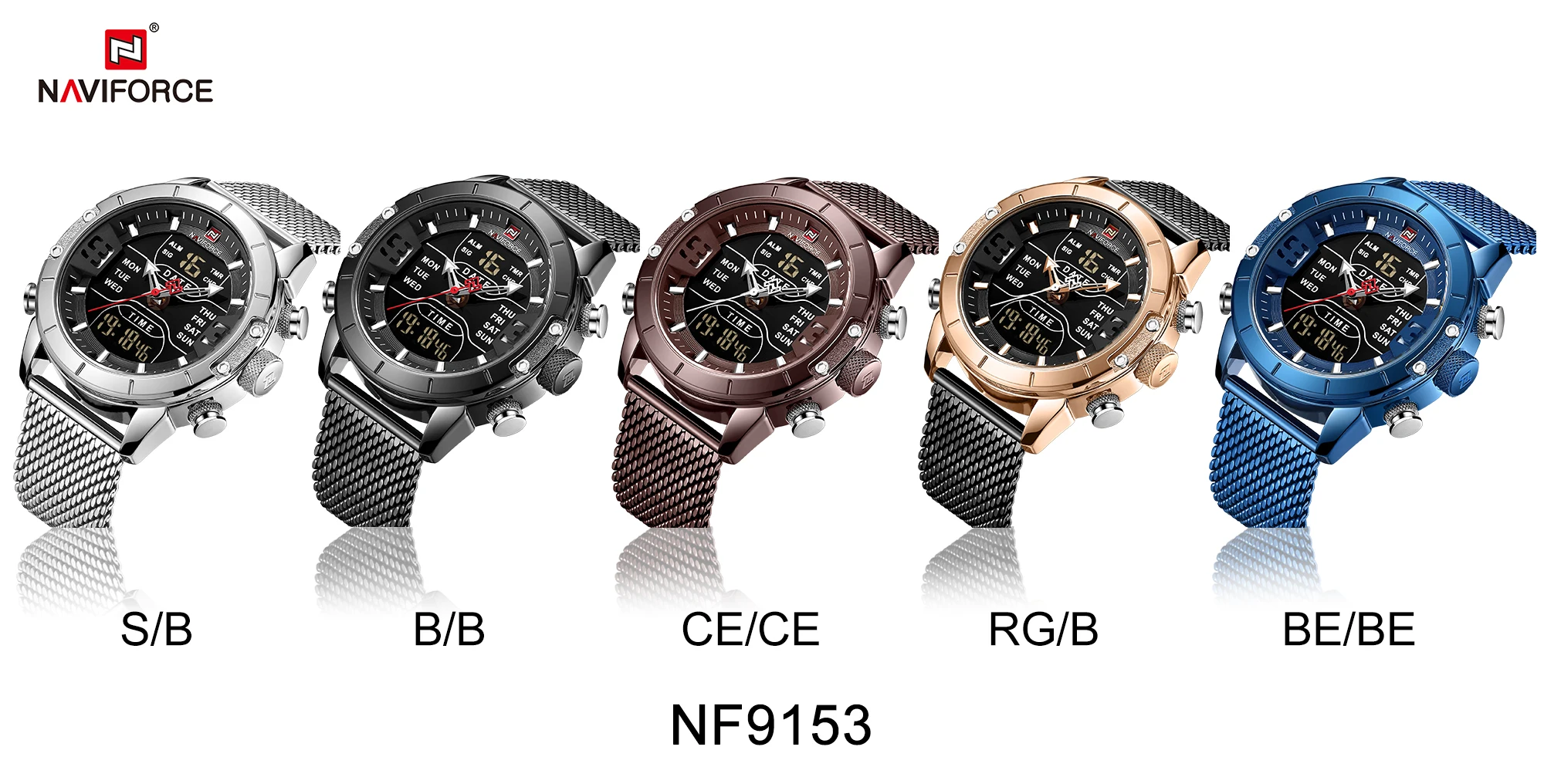 Naviforce 9153 Watch Men Luxury Big Dial Stainless Steel Mesh Mens Wristwatch Waterproof Digital Quartz Other Watches