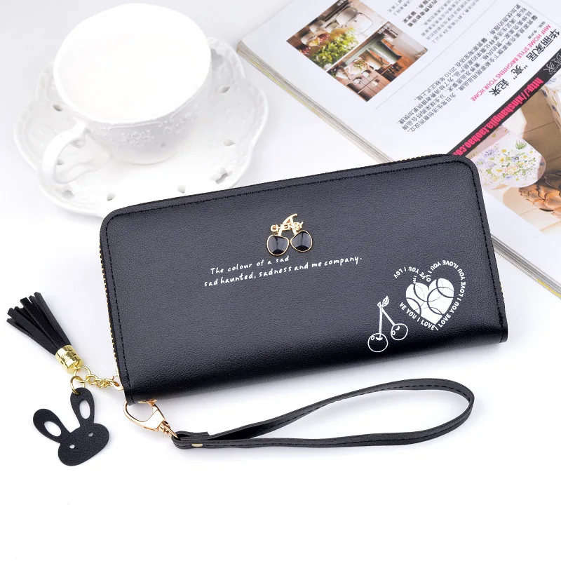 2019 New women cherry wallet large capacity zipper tassel wallet mobile phone bag