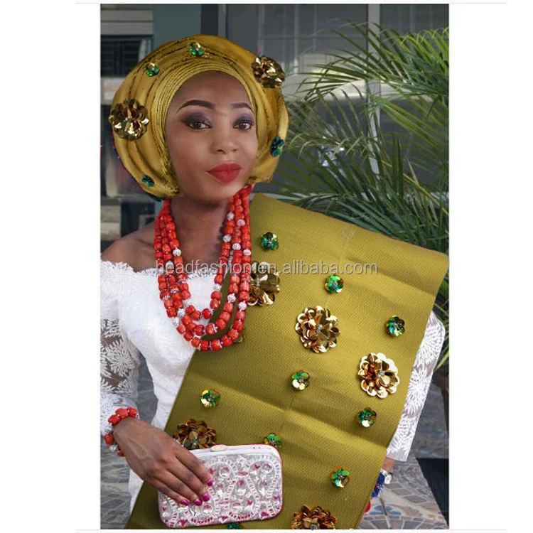 Queency Heavy Handmade Sequins Flower African Aso Oke Gele Fabric Gele Headtie