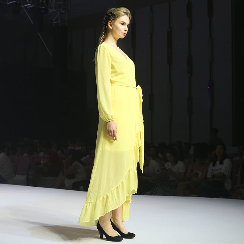 Women Yellow Long Sleeve V Neck Wrap Dress