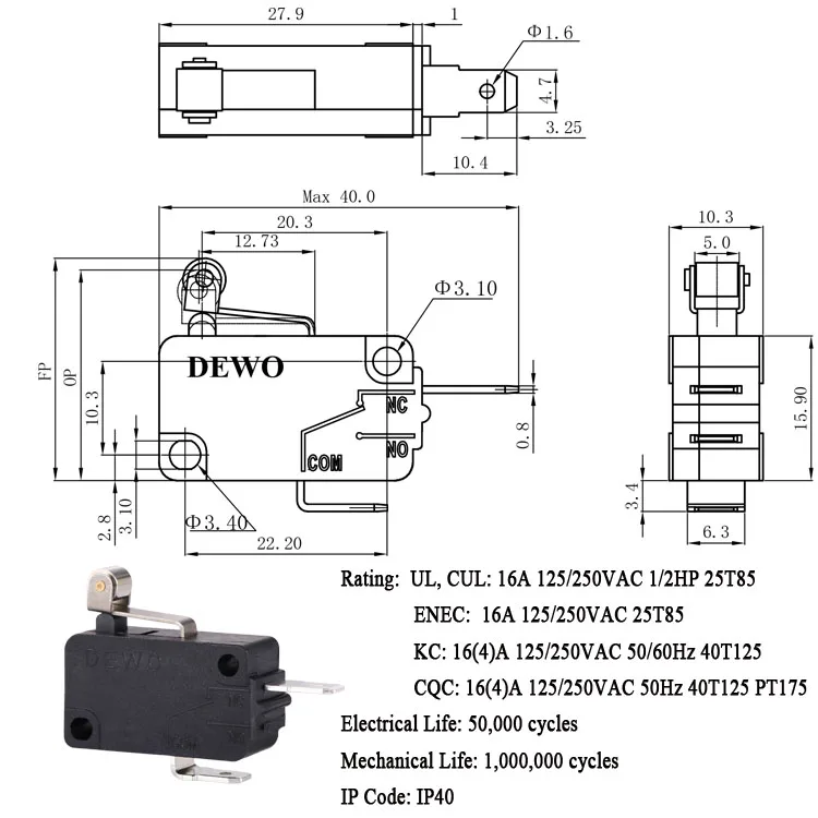 Hot selling micro switch DV16  16A 250V 85T125  SPDT micro switch for high speed blender