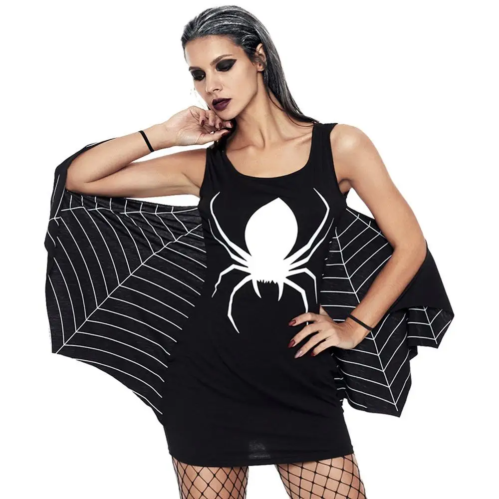 New Halloween Spider Print Sexy Low-neck Sleeveless Bat Slim Stage Performance Costume
