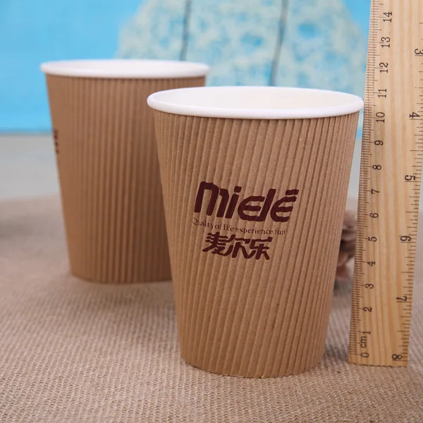
12oz 400ml LOGO printed new design brown disposable ripple double wall coffee paper cups with black top and coffee straw 