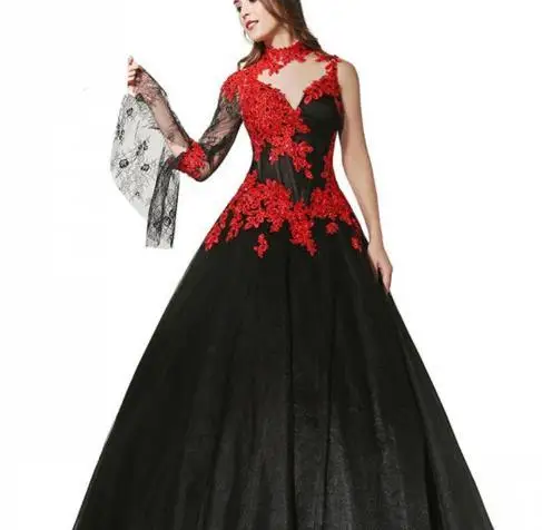 ZH1545X Gothic Black and Red Wedding Dresses 2022 New Design Floor Length Beads Applique A-Line One Sleeve High Neck Lace Tulle