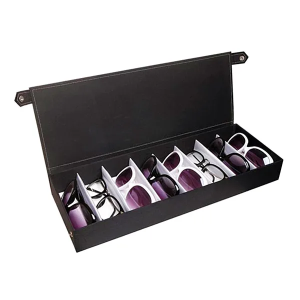 
8 Slots Sunglass Case Large PU Leather Sunglass Storage Box with Metal Buttons Closing 