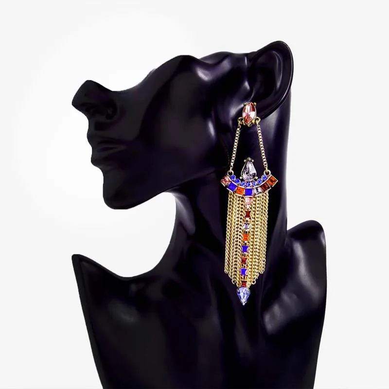 ed01004b Egyptian Ethnic Style Trendy Luxury Brands Retro Ethnic Chain Tassel Multicolored Colorful Diamond Micro Pave Earrings